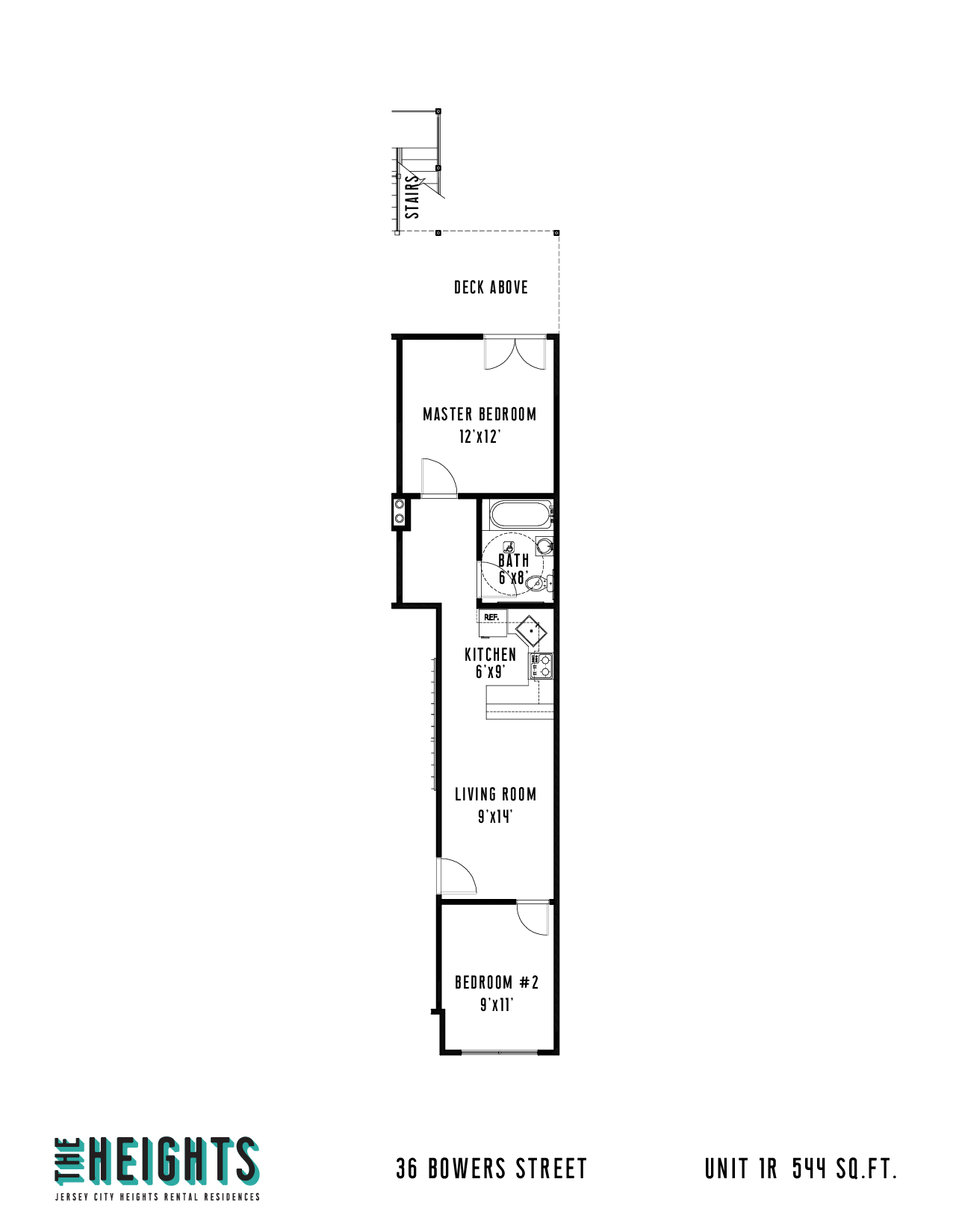Floor plan for 2 beds, 1 bath, 544 sqft